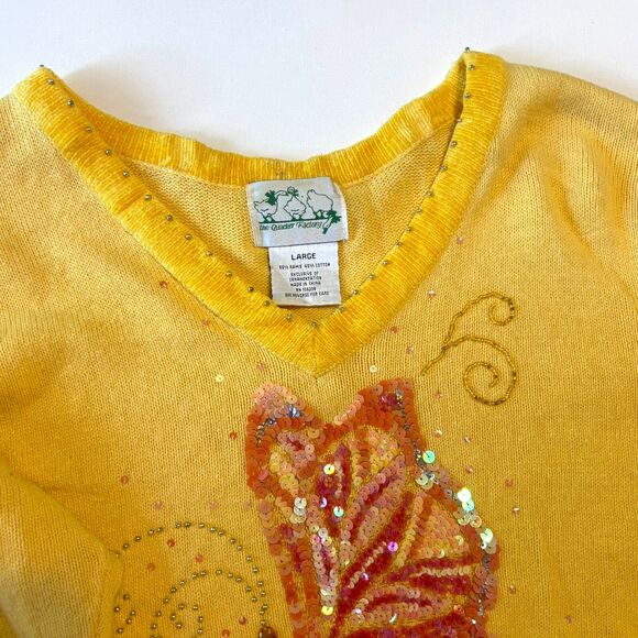 Quacker Factory Sweater Women's Large Yellow Sequin Butterfly Rhinestones Y2K - Picture 1 of 16